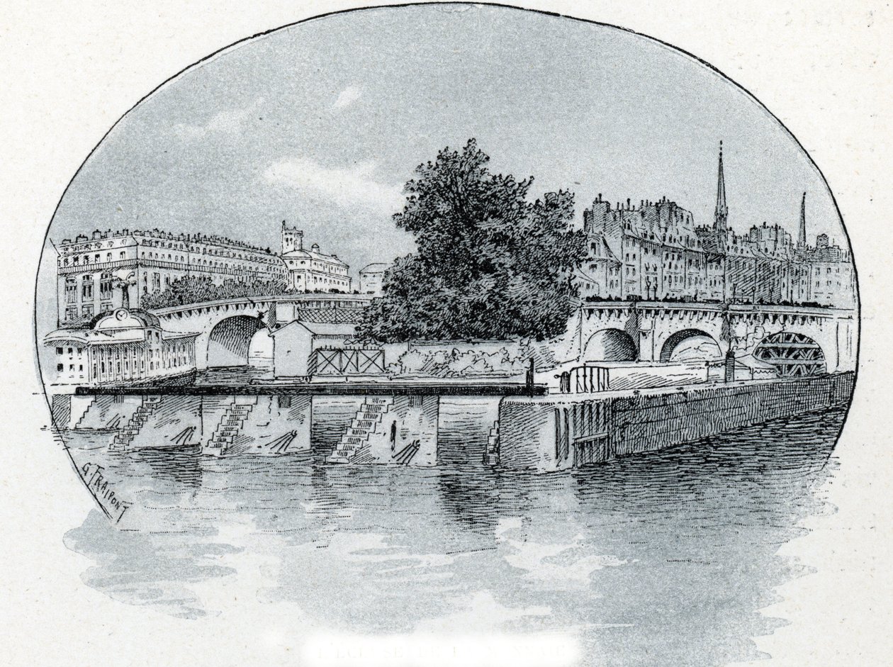 Udsigt over Monnaie-slusen foran Hotel des Monnaie i Paris Tegning af Gustave Fraipont (1849-1923) stammer fra Saint-Juirs