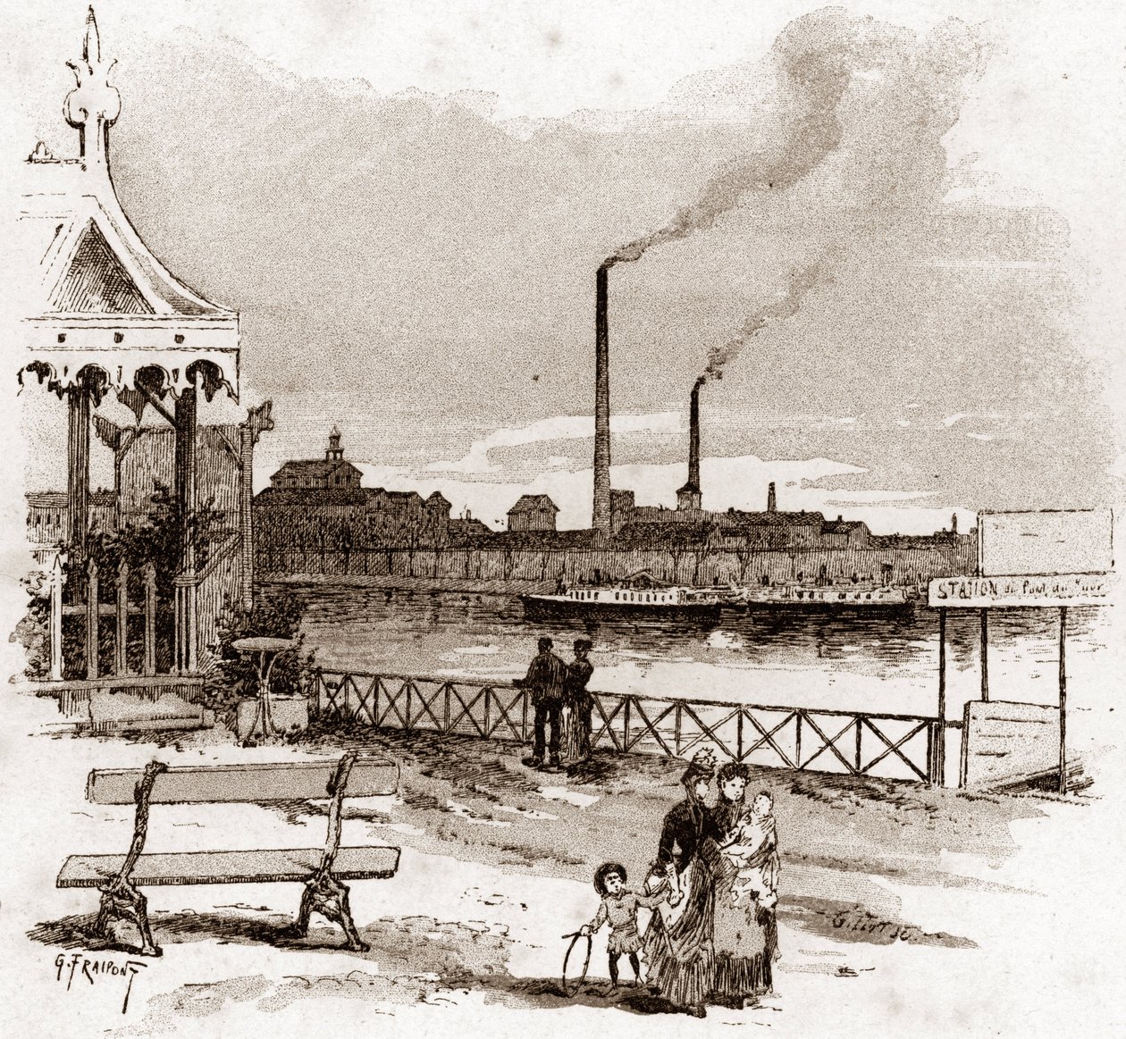 Udsigt over quai de Javel i Paris, actuel quai André-Citroen (Udsigt over quai Andre Citroen tidligere quai de Javel, Paris) Tegning af Gustave Fraipont (1849-1923) tager fra "La seine a travers Paris" af Saint- Juirs af Gustave Fraipont