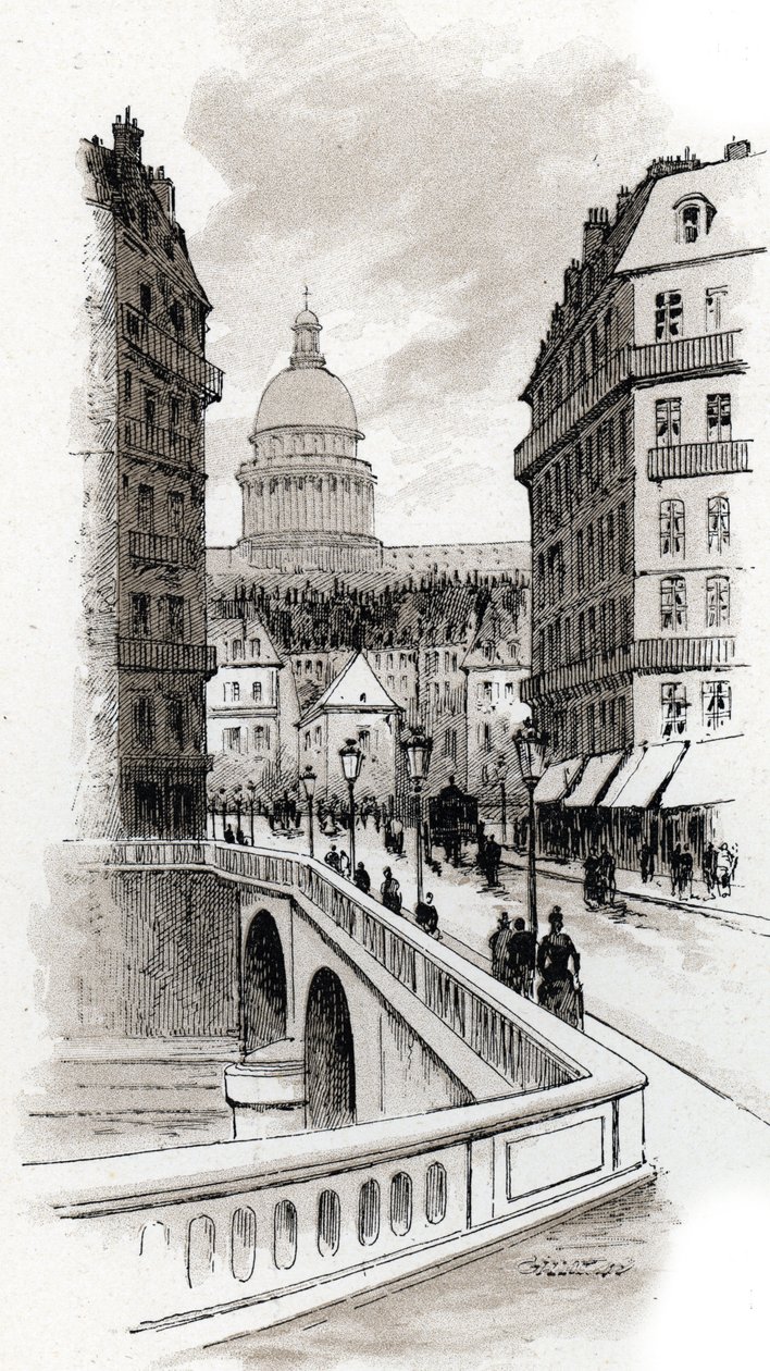Udsigt over rue de Bellay og kuplen af Pantheon, Paris (Udsigt over rue du Bellay og Pantheons kuppel, 5. distrikt, Paris) Tegning af Gustave Fraipont (1849-1923) fra Saint-Juirs af Gustave Fraipont