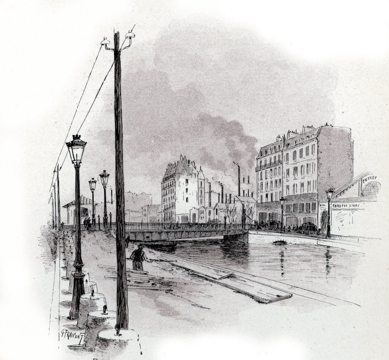 Udsigt over den svingende bro over quai de Valmy på kanalen Saint Martin, Paris Tegning af Gustave Fraipont (1849-1923) fra Saint-Jurs af Gustave Fraipont