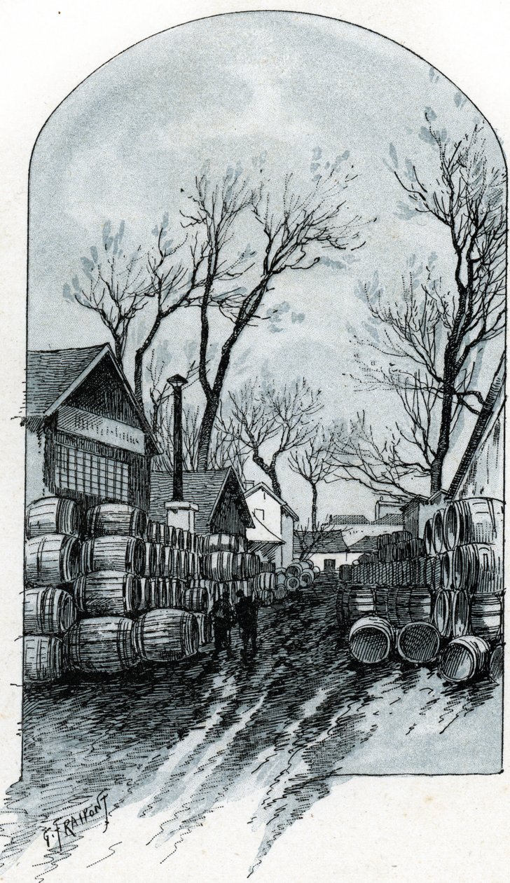 Udsigt over pakhuset i rue de Sauternes, Bercy, Paris (Udsigt over pakhuset i rue de Sauternes, Bercy, Paris) Tegning af Gustave Fraipont (1849-1923) tegner fra "La seine a travers Paris" af Saint-Juirs af Gustave Fraipont