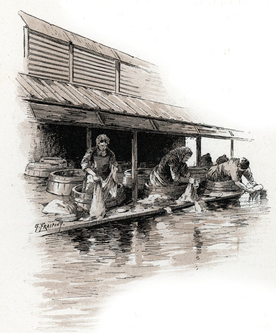 Vaskekvinder på quai de Valmy, Canal Saint-Martin bankerne, paris Tegning af Gustave Fraipont (1849-1923) henter fra "La seine a travers Paris" af Saint-Juirs af Gustave Fraipont