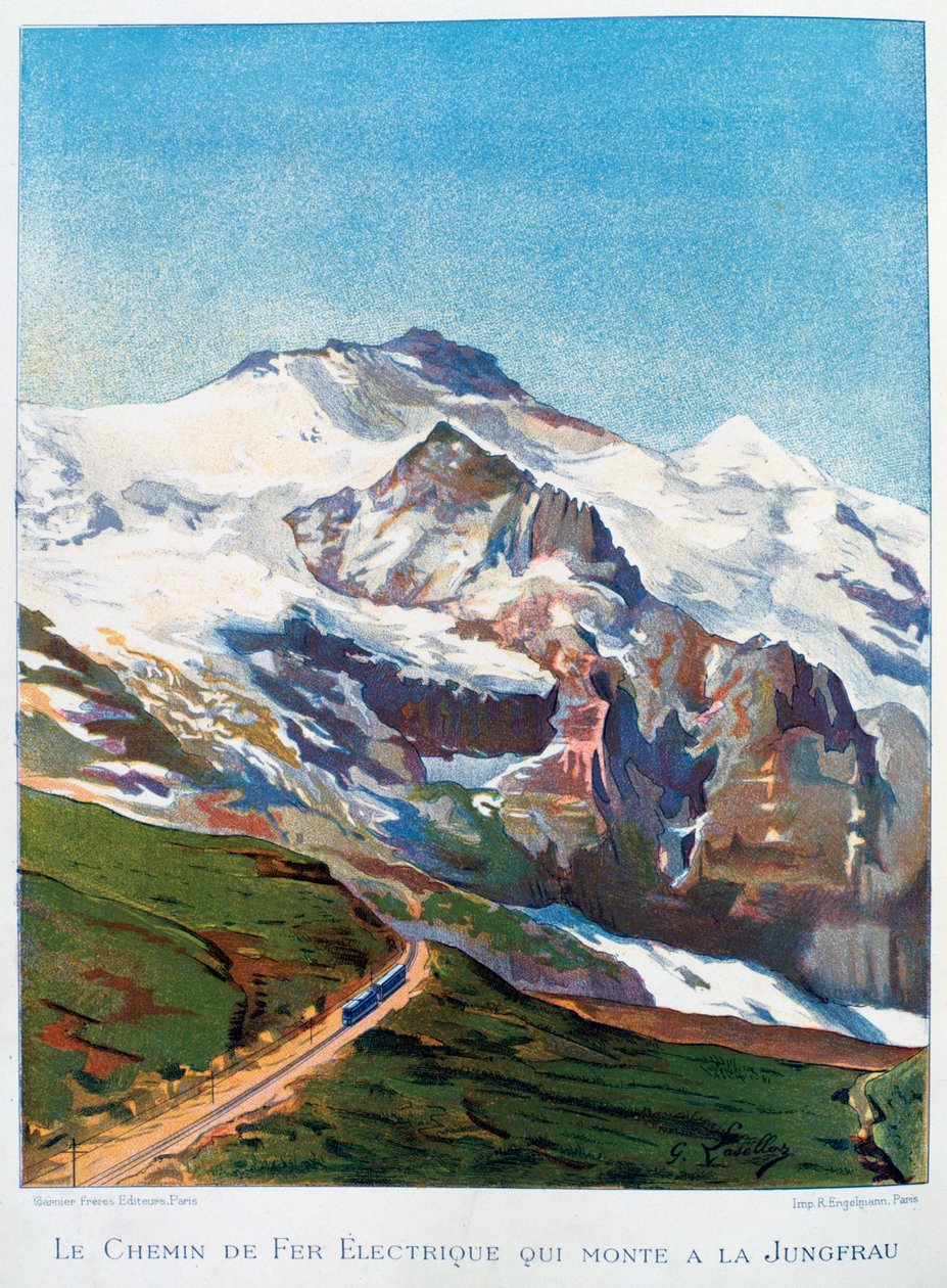 Den elektriske jernbane til Mount Jungfrau, schweiziske alper, 1800-tallet af Gustave Francois Lasellaz