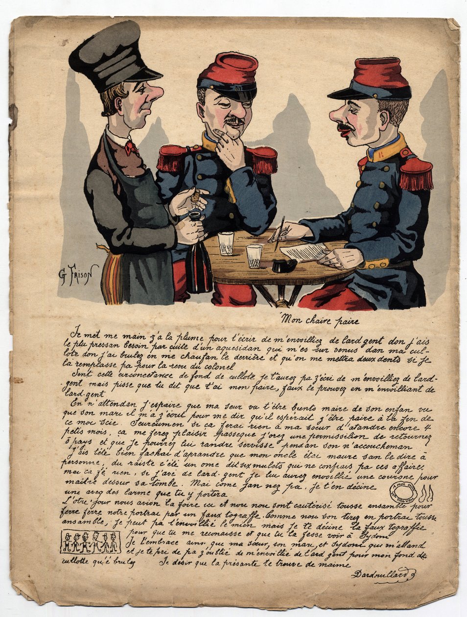 Et absurd brev fra en soldat skrevet til sin far, med stavefejl og grammatikfejl, om penge og familie. Tegning af Gustave Frison i "The Pleasant World" Ugentligt, komisk og satisk tidsskrift fra 1880. af Gustave Frison