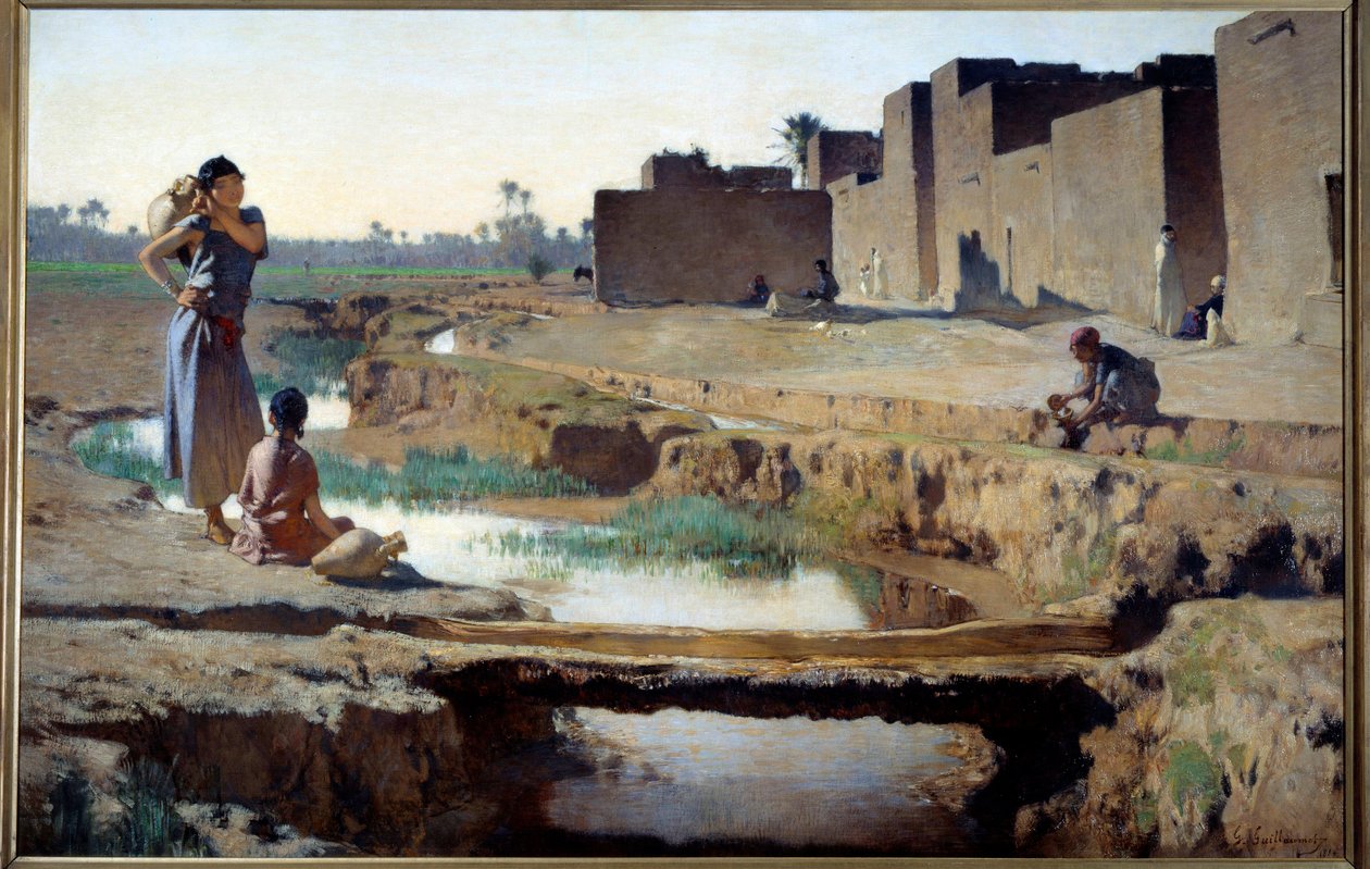 Orientalisme: "" La Seguia nær Biskra""" Kvinde og barn tager vand ved floden i en oase i den algeriske ørken. Maleri af Gustave Achille Guillaumet (1840-1887) 1884 søn. 1x1,5 m Paris, musee d