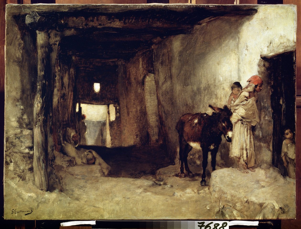 Orientalisme: ""Et hus i Sahara"" (Et hus i Sahara) En kvinde og hendes barn ledsaget af et æsel. Maleri af Gustave Guillaumet (1840-1887) omkring 1880 Pushkin Museum, Moskva af Gustave Guillaumet