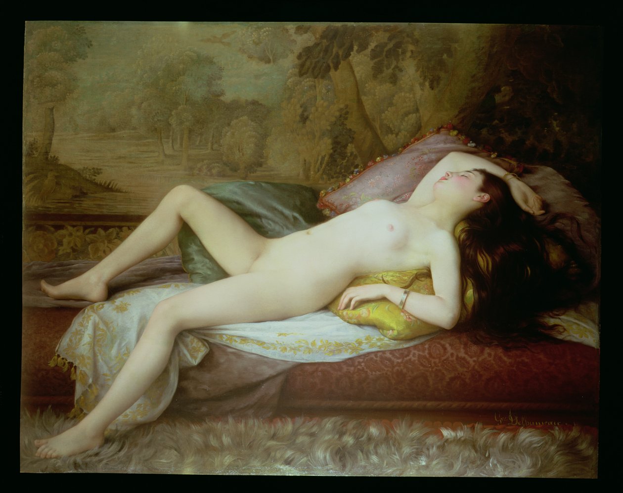 Nøgen liggende på en chaiselong (olie på lærred) af Gustave Henri Eugene Delhumeau