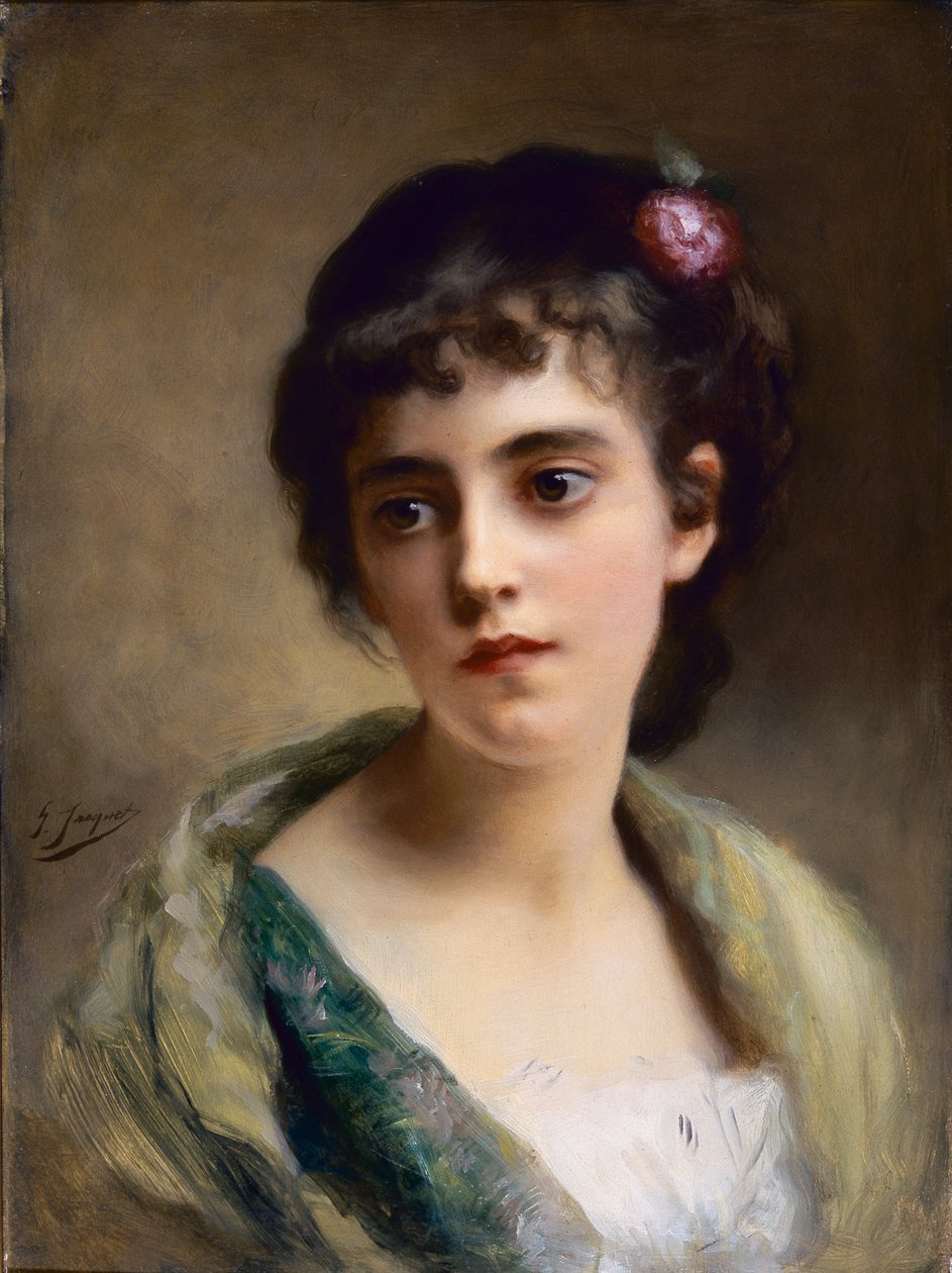 Hoved af en pige (olie på panel) af Gustave Jacquet