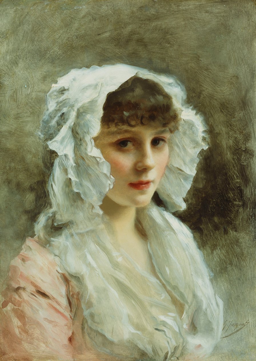 Portræt af en dame i en hvid motorhjelm, af Gustave Jacquet
