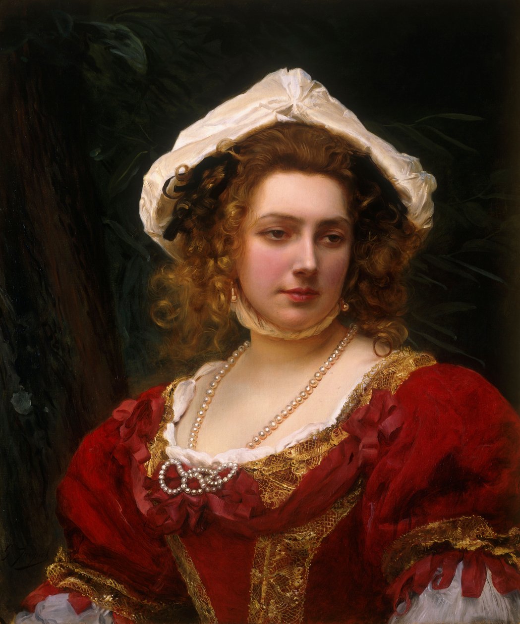 Portræt af en elegant dame i en rød fløjlskjole af Gustave Jacquet