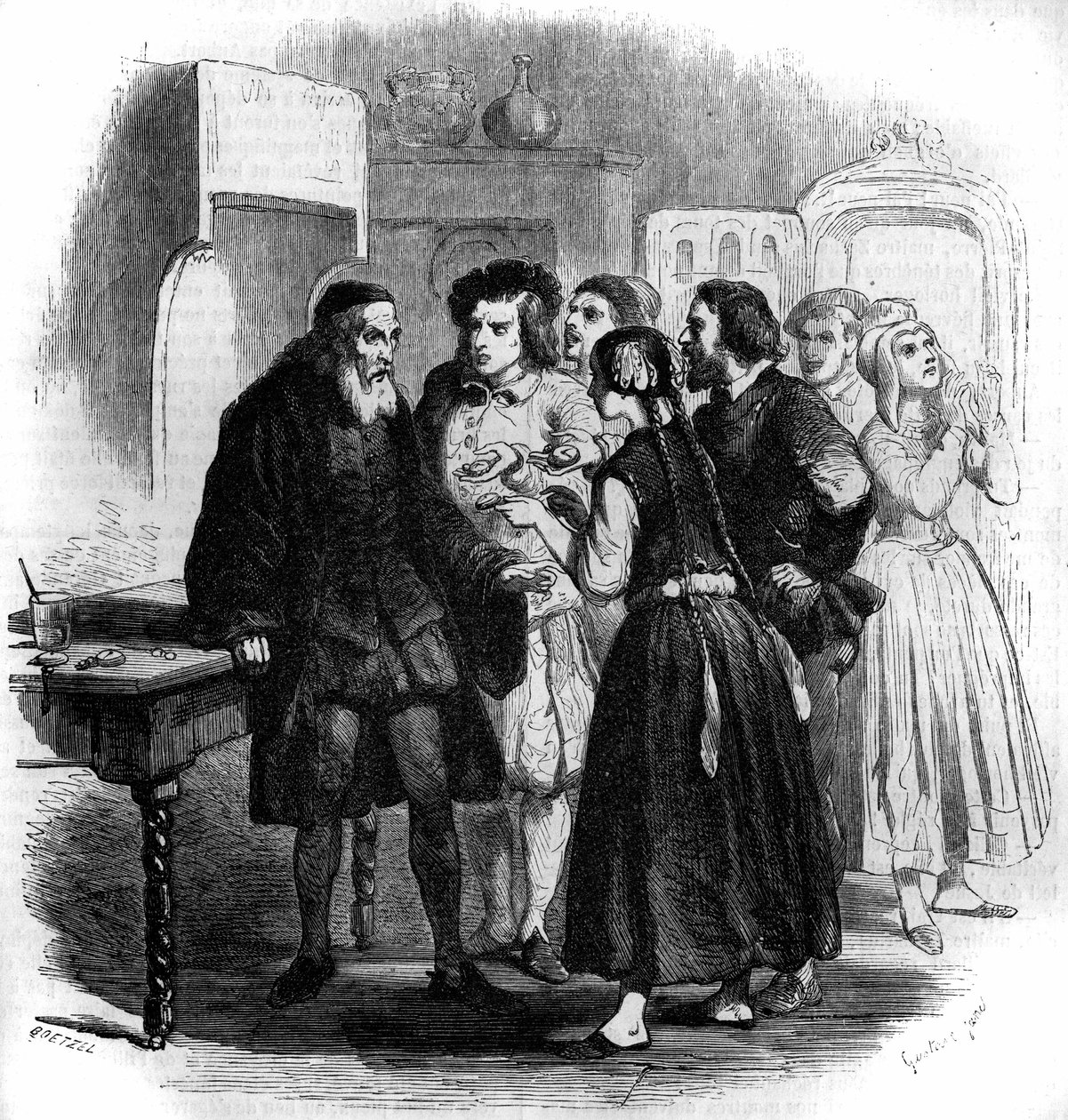 Geneve-folket bringer deres ure til Zacharius. Illustration af "" Mester Zacharius eller urmageren, der havde mistet sin sjæl "", fantasyfortælling af Jules Verne (1828-1905). Gravering af Gustave Janet af Gustave Janet