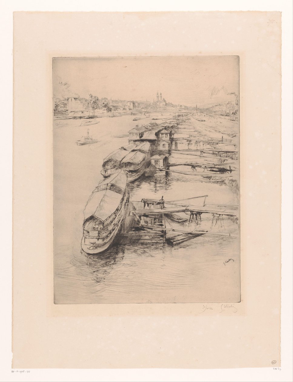 Fortøjede både i Auteuil, Paris Les bateaux Parisiens, Auteuil af Gustave Leheutre (signed by artist)