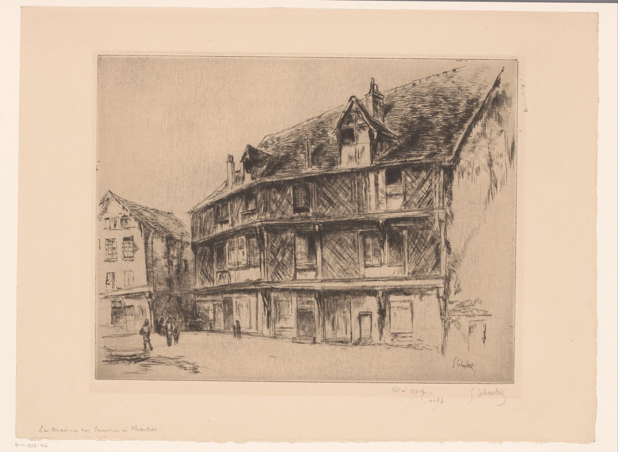 Gade med huse og vandrere i Chartres La maison du saumon (Chartres) (titel på objektet) af Gustave Leheutre (signed by artist)