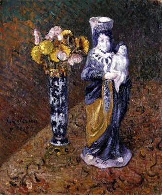 Blomster og en statuette af Gustave Loiseau