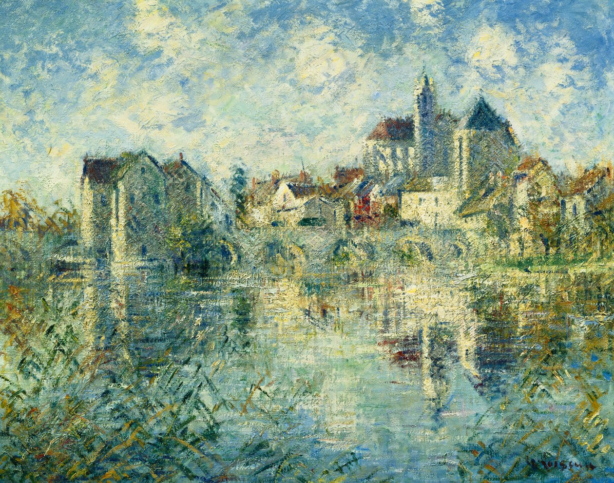 Moret-sur-Loing, Broen og Kirken; Moret-sur-Loing, broen og kirken, ca. 1935 af Gustave Loiseau