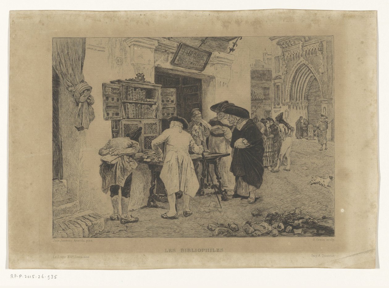 Mænd samledes omkring en boghandlers udstilling Les Bibliophiles (titel på objekt) af Gustave Marie Greux