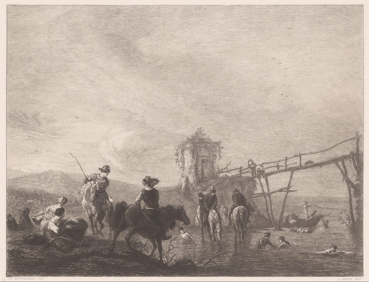 Hvile og svømme figurer på en bank Die pferdetränke (titel på objekt) af Gustave Marie Greux