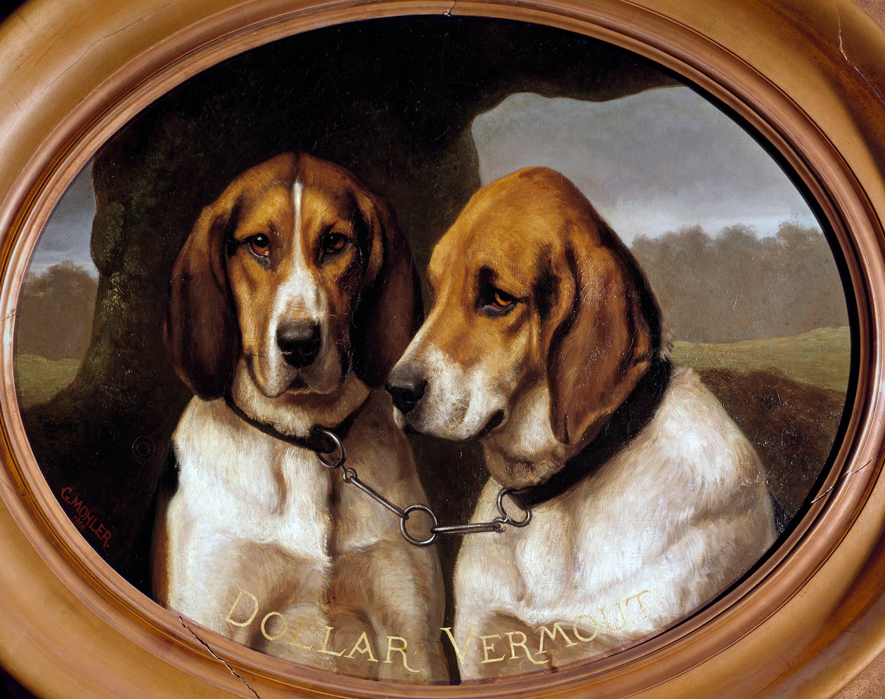 Hunde Dollar og Vermout Portrætter af Jagthunde. Maleri af Gustave Mohler (1836-1920) 1866 Gien, Jagtmuseet. af Gustave Mohler