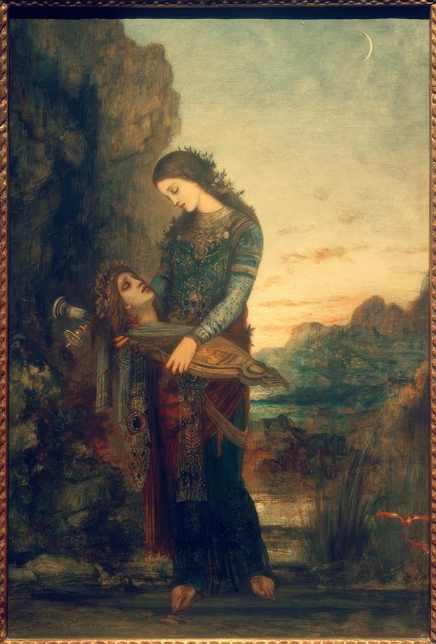 Unge trakere med hovedet på Orpheus af Gustave Moreau
