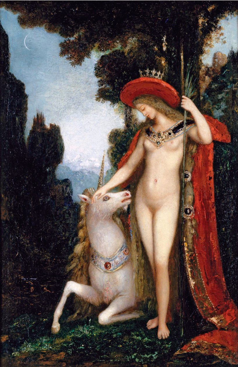 ""Enhjørningen"" Maleri af Gustave Moreau (1826-1898) 1885 Dim 50x34 cm Privat samling af Gustave Moreau