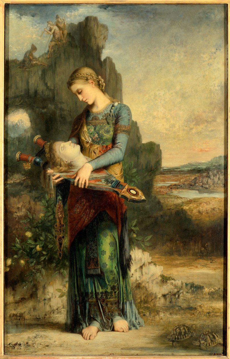 Orphee En thrakisk pige bærer Orphees hoved. Maleri af Gustave Moreau (1826-1898). 1865, olie på træ, Dim. 1,54x0,99 m Paris, Musee d