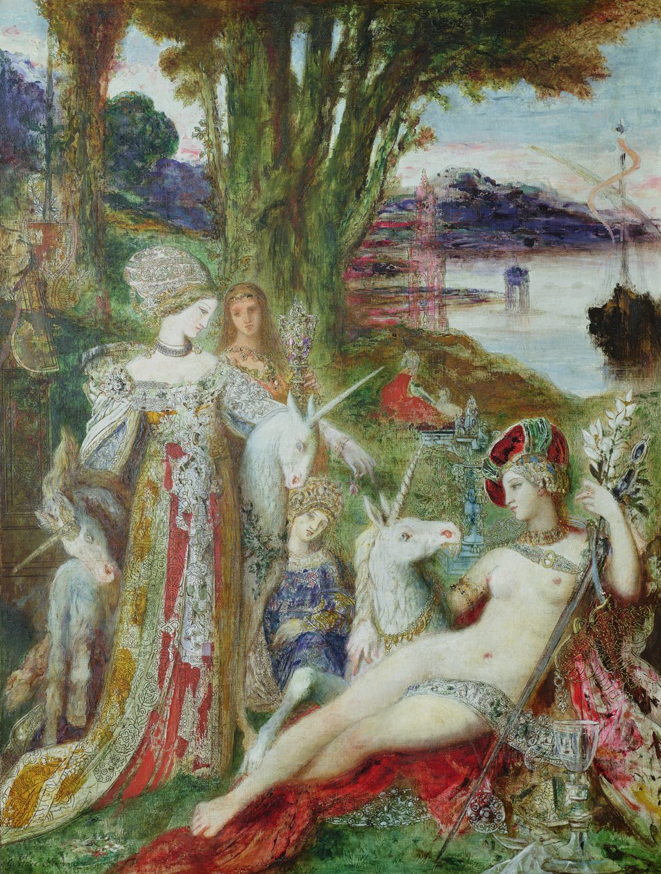 Enhjørningerne (olie på lærred) af Gustave Moreau
