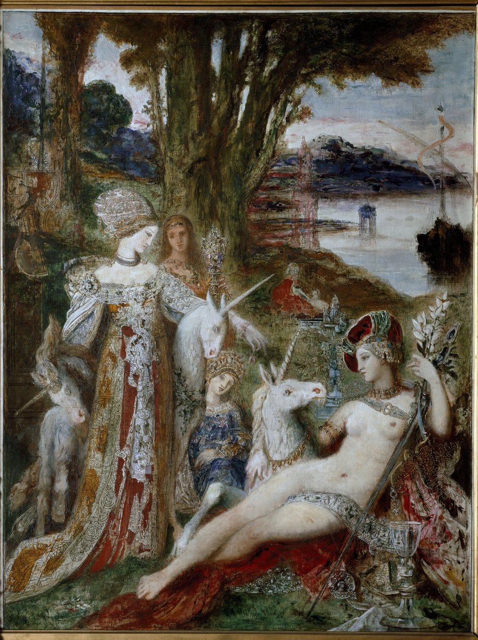 The Unicorns - Olie på lærred, omkring 1885 af Gustave Moreau