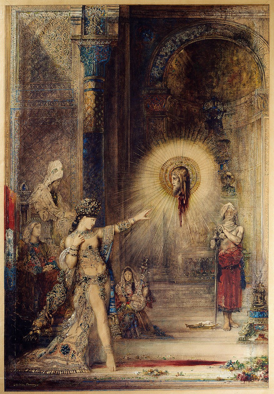 Optræden La tete decollee af Jean Baptiste dukker op foran danseren Salome ved Herodes I den Stores hof (73-4 f.Kr.). Akvarel af Gustave Moreau (1826-1898) 1876 søn. 1,06 x 0,72 m. Paris, Musee d