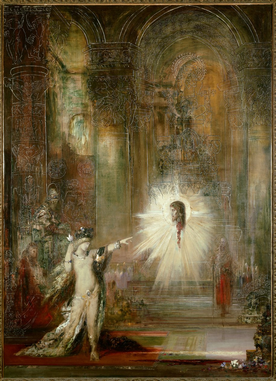 The appearance. Salome, after dancing in the hall of the feast of Herode, asks the head of Saint John the Baptist. She points her finger towards the head of the prophete while Herodiade stands behind her. Painting by Gustave Moreaudani af Gustave Moreau