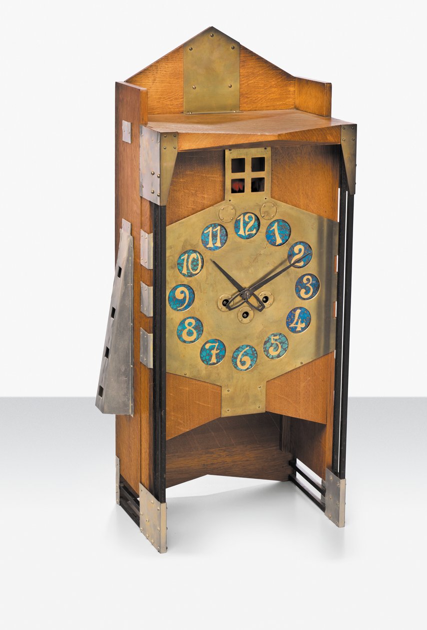A Mantel Clock, ca. 1907 (eg, messing med iriserende Loetz-glastal) af Gustave Serrurier Bovy