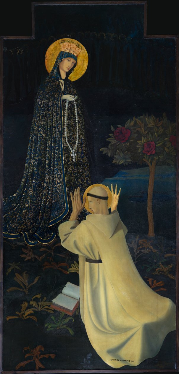 Sognekirke (Saint Martin Sognekirke). "Vor Frue modtager rosenkransen fra Saint Dominic". Gustav af ørkenen. 1900. af Gustave Van de Woestyne
