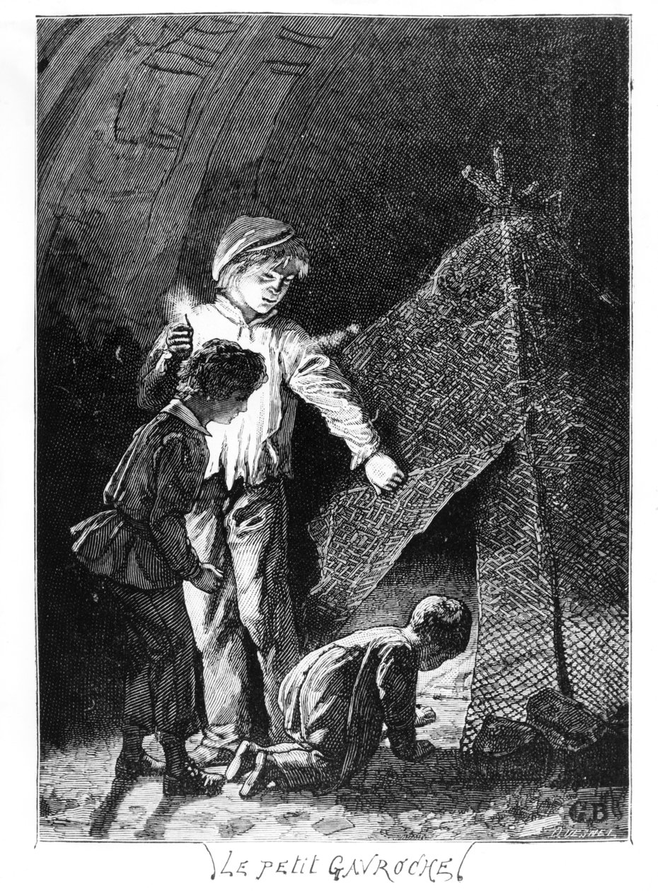 Gavroche and His Two Brothers in the Bastille Elephant, illustration fra Les Miserables (1845-62) af Victor Hugo (1802-85), ca. 1885 af Gustave after Brion