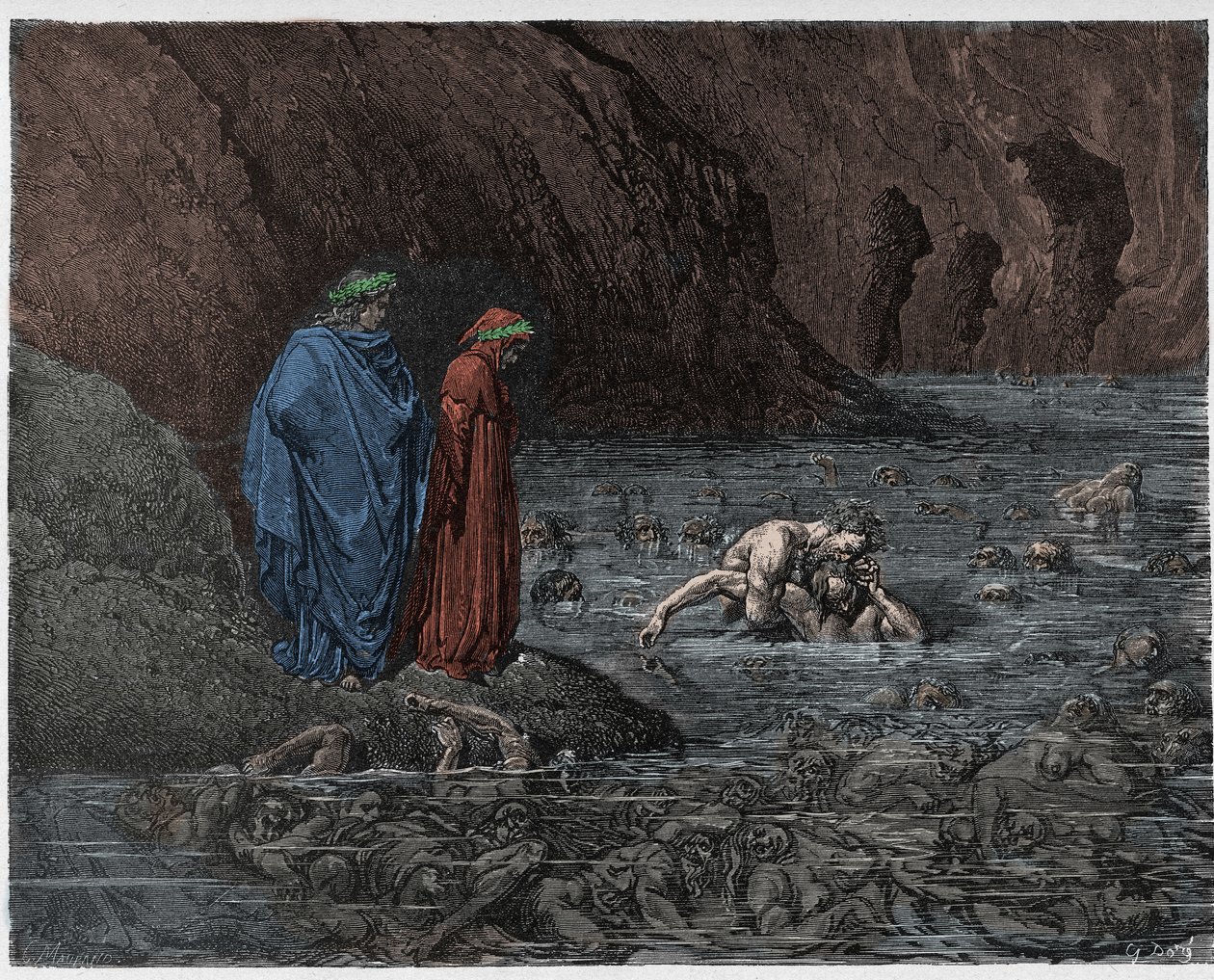 Inferno, Canto 32: Ugolino (Ugolin della Gherardesca) gnaver i hovedet af ærkebiskop Ruggieri (Ruggeri Ubaldini), illustration fra Den guddommelige komedie af Dante Alighieri, 1885 (digitalt farvet og af Gustave after Dore