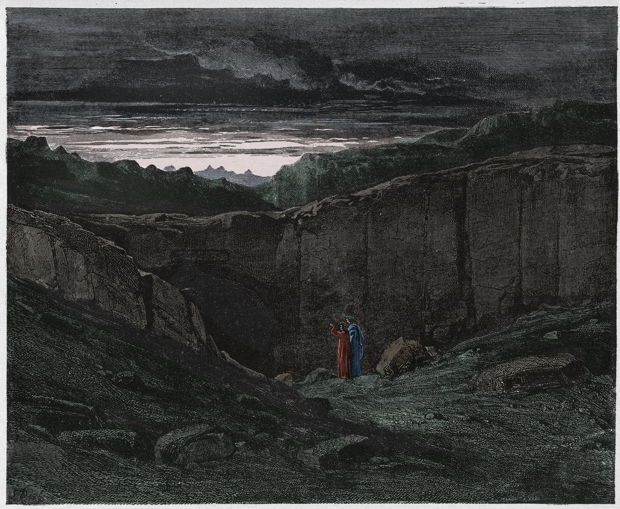 Inferno, Canto 3 : Virgil og Dante ved Helvedes porte, illustration fra Den guddommelige komedie af Dante Alighieri, 1885 (digitalt farvelagt gravering) af Gustave after Dore