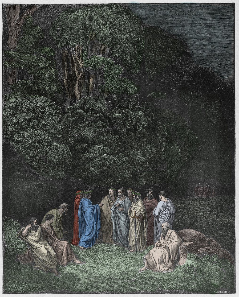 Inferno, Canto 4 : Homer, digterne og heltene i Limbo, illustration fra Den guddommelige komedie af Dante Alighieri, 1885 (digitalt farvelagt gravering) af Gustave after Dore