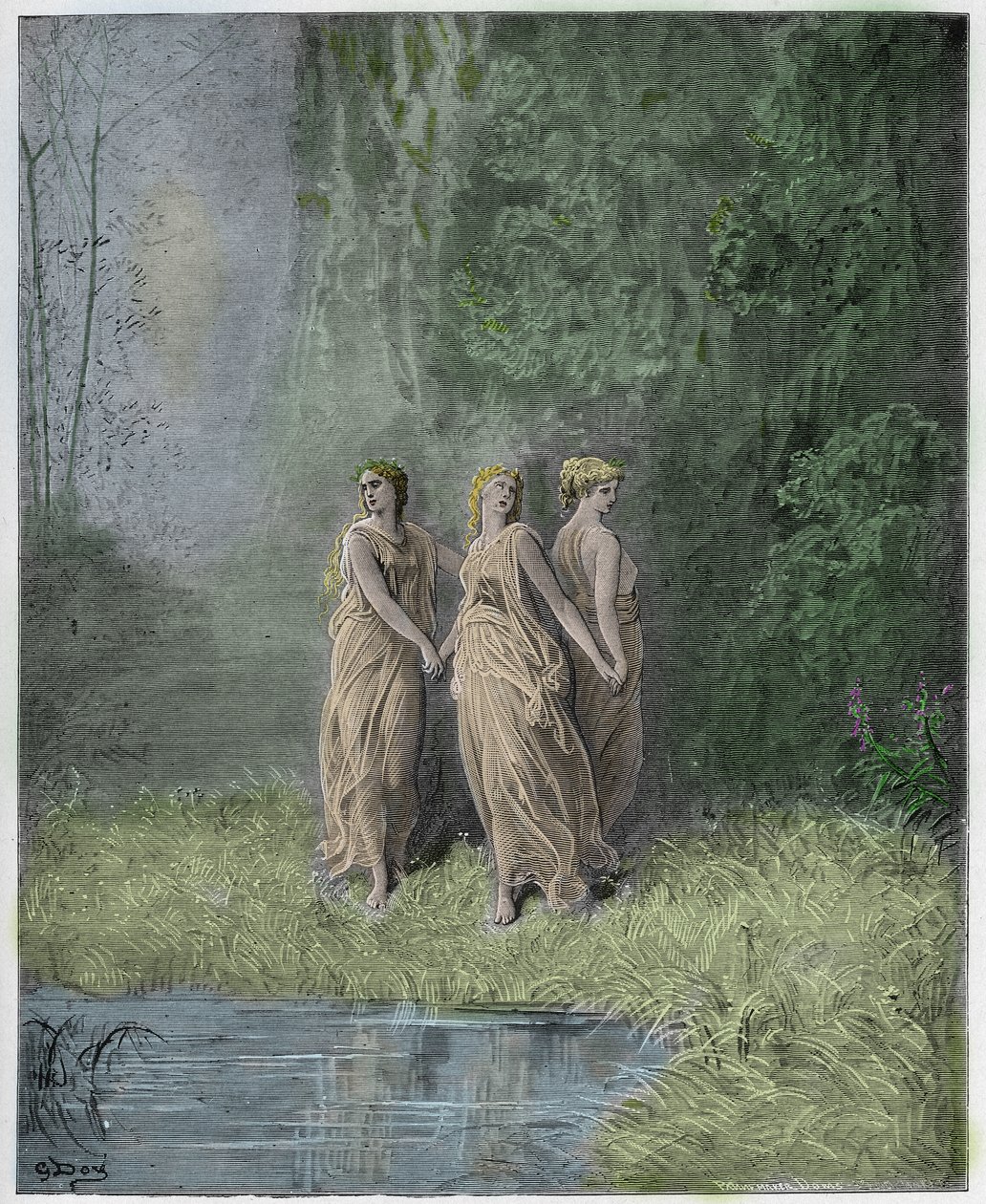 Purgatorio, Canto 29 : Charity, Hope, and Faith, illustration fra Den Guddommelige Komedie af Dante Alighieri, 1885 (digitalt farvelagt gravering) af Gustave after Dore