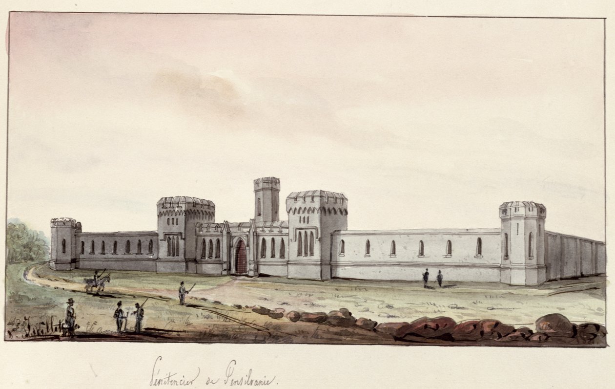 Penitentiary i Pennsylvania, 1831 (pen og blæk og wc på papir) af Gustave de Beaumont