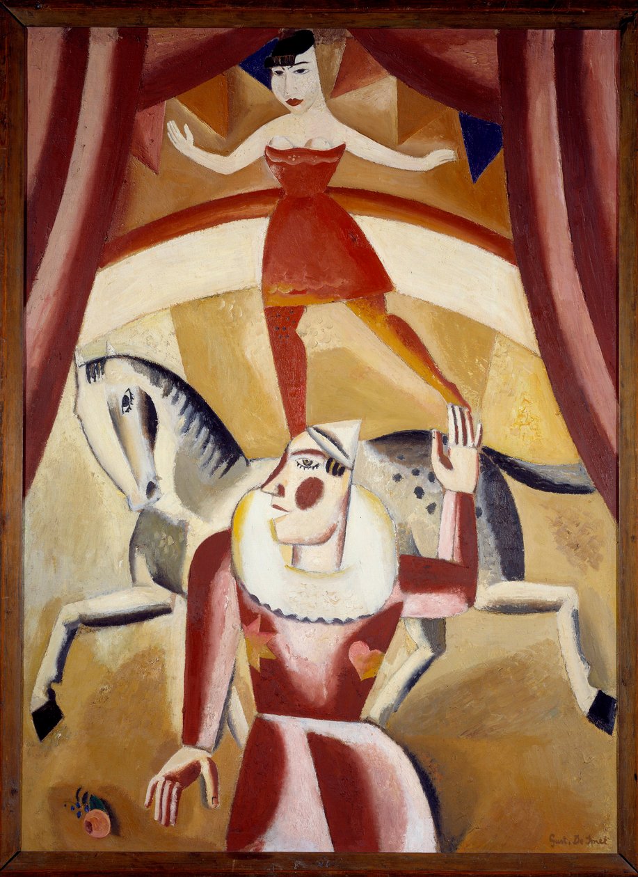 Cirkus III En akrobat Ecuyere i balance på en hest og en klovn på en cirkusbane, der giver et show. Maleri af Gustave de Smet (1877-1943) 1926 søn. 1,3x1,1 m Grenoble, Musee des Beaux Arts Bemærk! Brug af dette værk kan være underlagt en tredjepartsautoris af Gustave de Smet