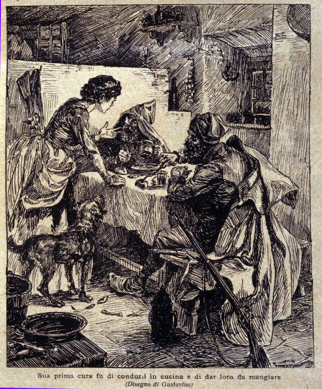 Hans første bekymring var at køre dem til køkkenet og fodre dem... Illustration af den nye "" Colomba"" skrevet af Prosper Merimee. Gravering af Gustavino (Gustavo Rosso) (1881-1950), omkring 1915 af Gustavo Gustavino Rosso