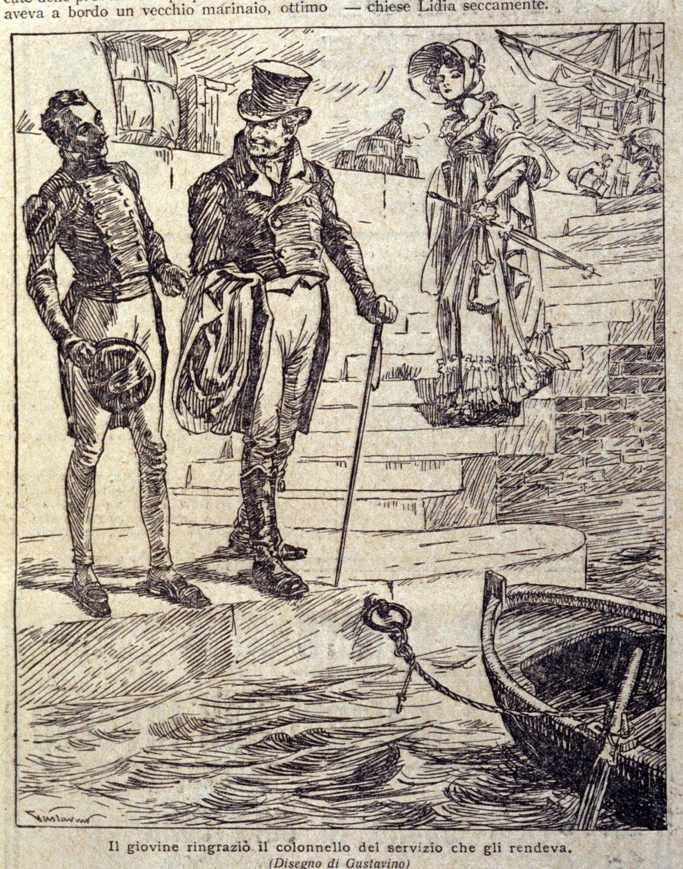 den unge mand takkede obersten for hans tjeneste... Illustration af den nye "" Colomba"" skrevet af Prosper Merimee. Gravering af Gustavino (Gustavo Rosso) (1881-1950), omkring 1915 af Gustavo Gustavino Rosso