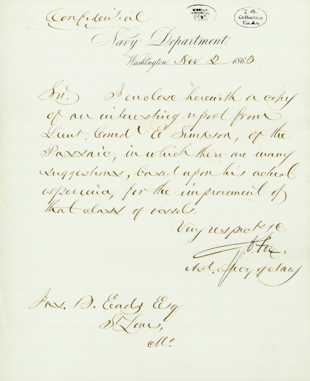 Brev signeret G.V. Fox, Navy Department, Washington, til Jas. B. Eads [James B. Eads], St. Louis, Mo., 2. november 1863 af Gustavus Vasa Fox
