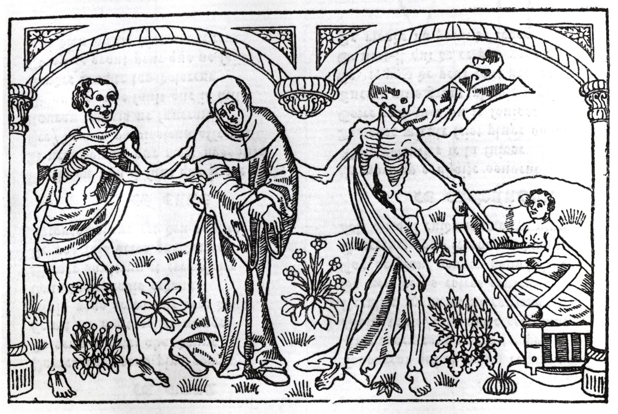 Døden tager tiggeren og barnet, fra Danse Macabre, udgivet Paris, 1485 af Guy Marchant