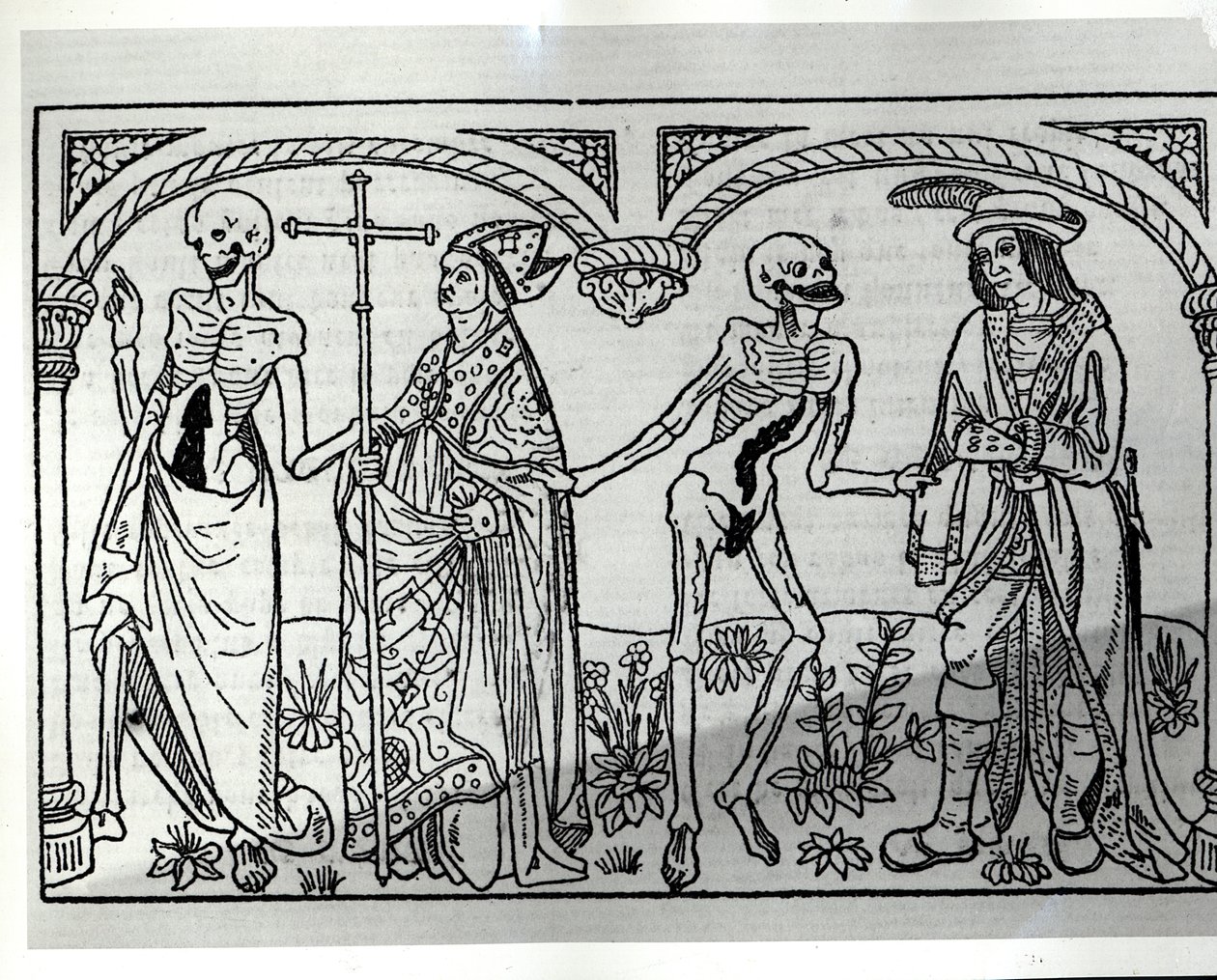 Døden tager biskoppen og adelsmanden, fra Danse Macabre, udgivet Paris, 1485 af Guy Marchant
