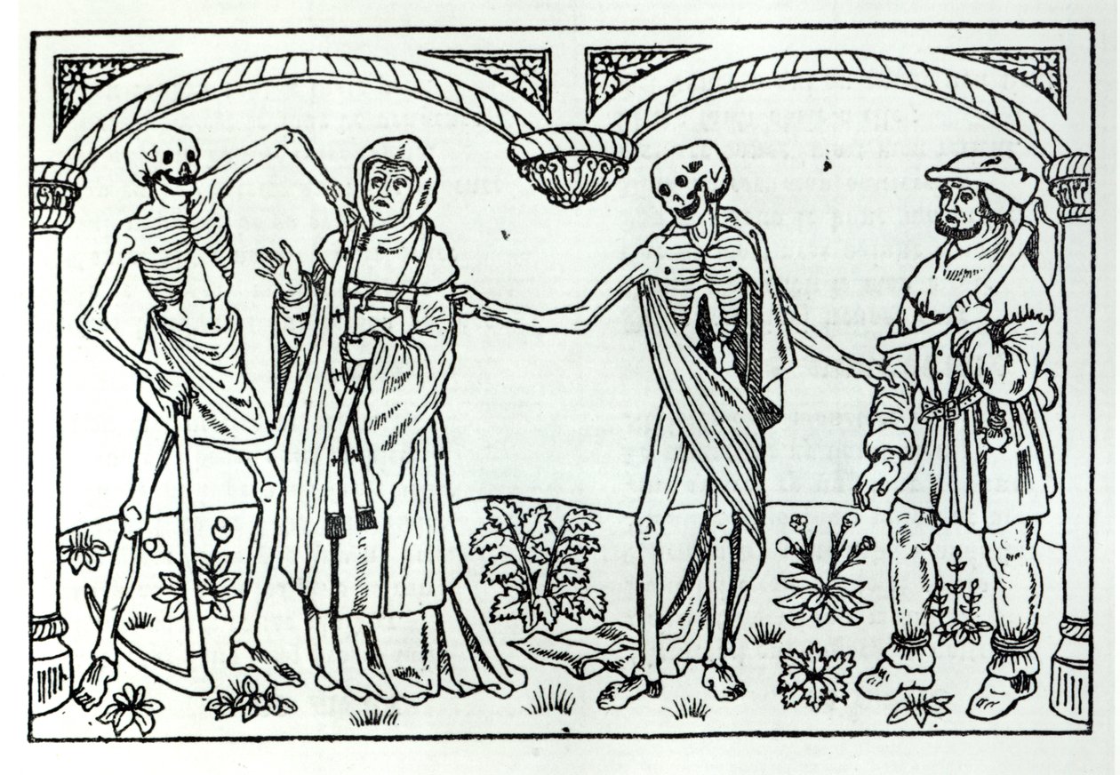 Døden tager præsten og bonden, fra Danse Macabre, udgivet Paris, 1485 af Guy Marchant