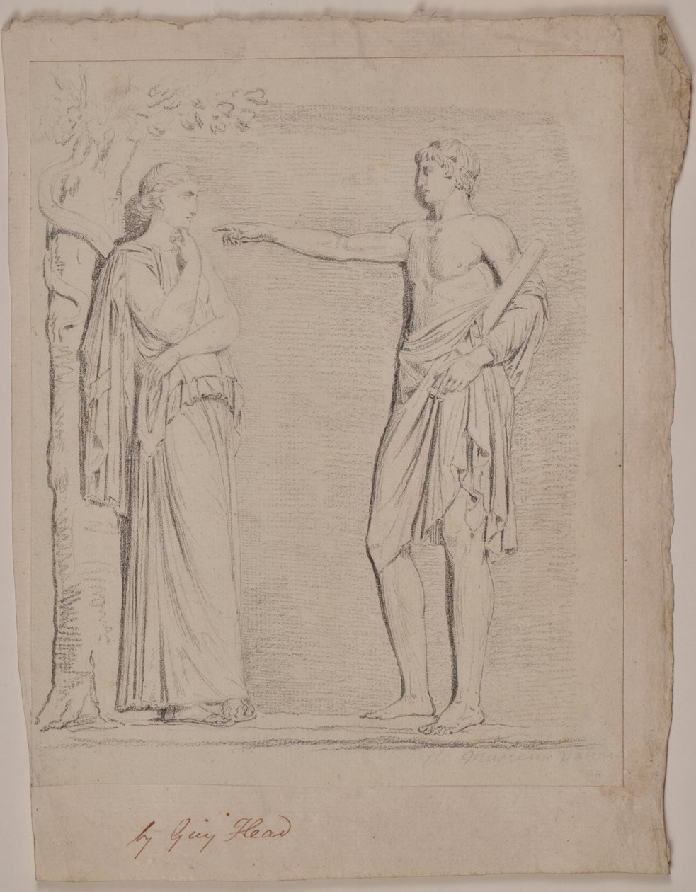 Fuld længde klassisk draperet kvindelig stående ved et træ, der skaleres af en slange af Guy Head