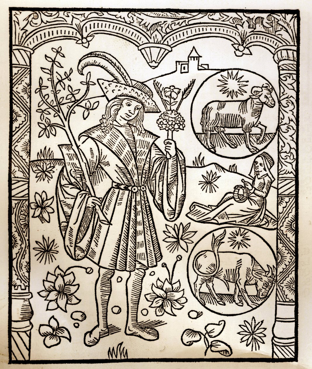 Hyrdekalender - Månedernes arbejde - April - Træsnit fra bogen fra 1496 trykt af Guy Marchant (Guido Mercator) i Troyes - Træstik i "Le grand Calendrier et compost des shepherds" - af Guy Marchant