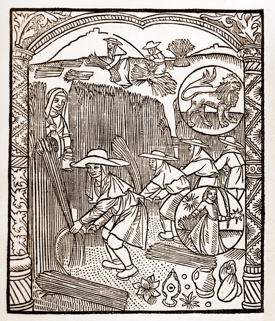 Hyrdekalender - Månedernes arbejde - August - Træsnit fra bogen fra 1496 trykt af Guy Marchant (Guido Mercator) i Troyes - Træstik i "Le grand Calendrier et compost des shepherds" - af Guy Marchant