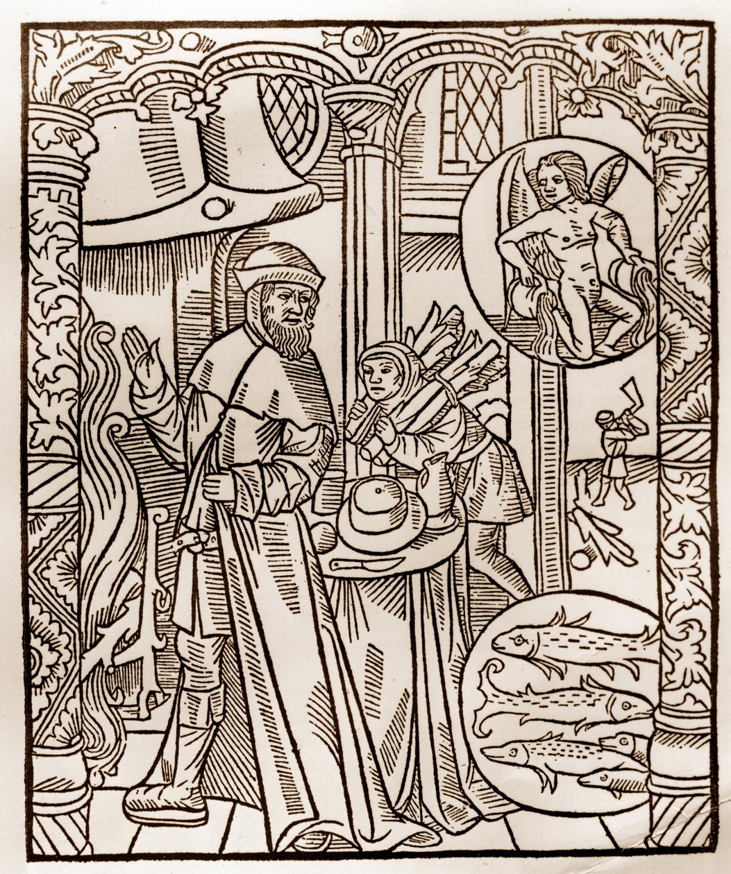 Hyrdekalender - Månedernes Arbejde - Februar - Træsnit fra bogen fra 1496 trykt af Guy Marchant (Guido Mercator) i Troyes - Træstik i "" Le grand Calendrier et compost des shepherds"" - af Guy Marchant