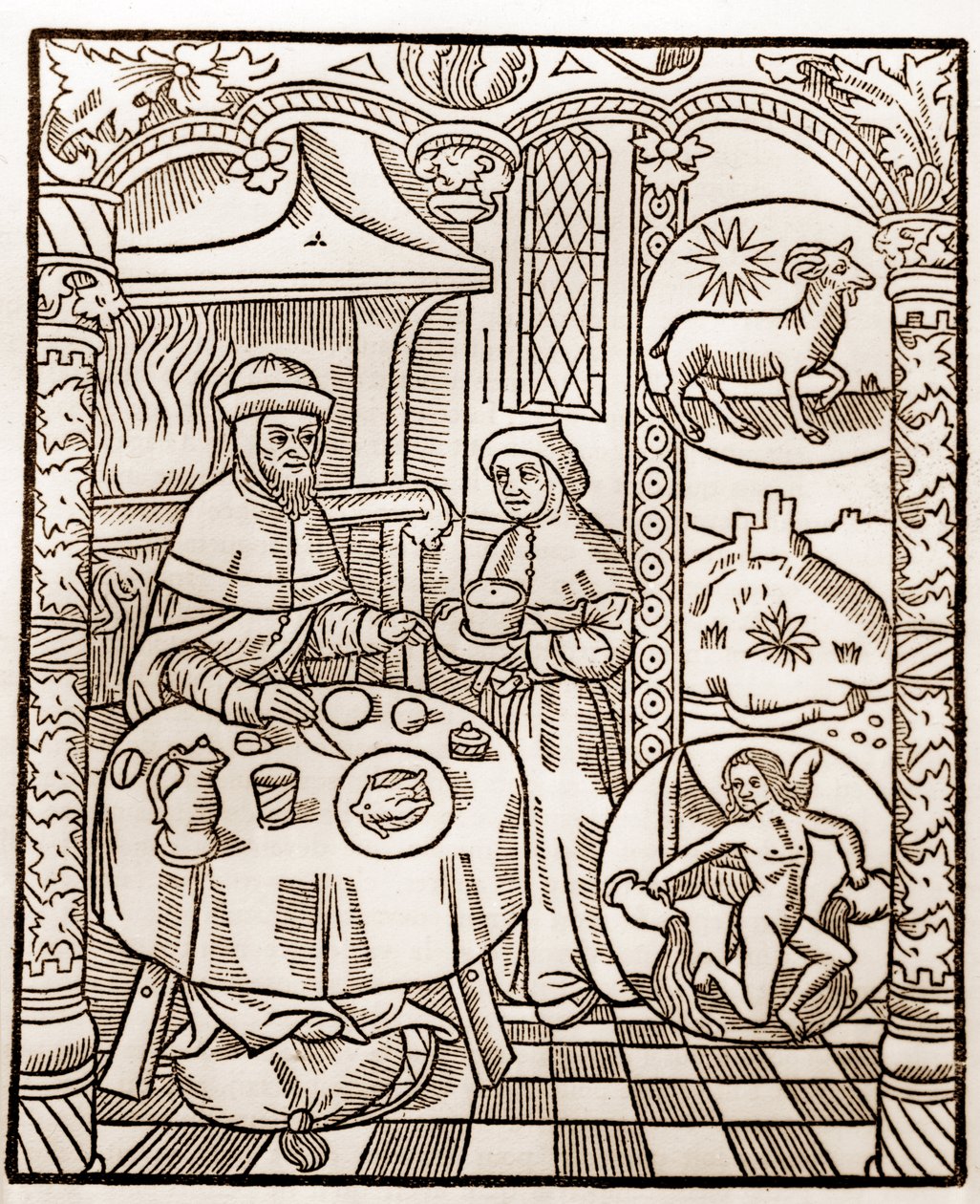 Hyrdekalender - Månedernes arbejde - Januar - Træsnit fra bogen fra 1496 trykt af Guy Marchant (Guido Mercator) i Troyes - Træstik i "Le grand Calendrier et compost des shepherds" - af Guy Marchant