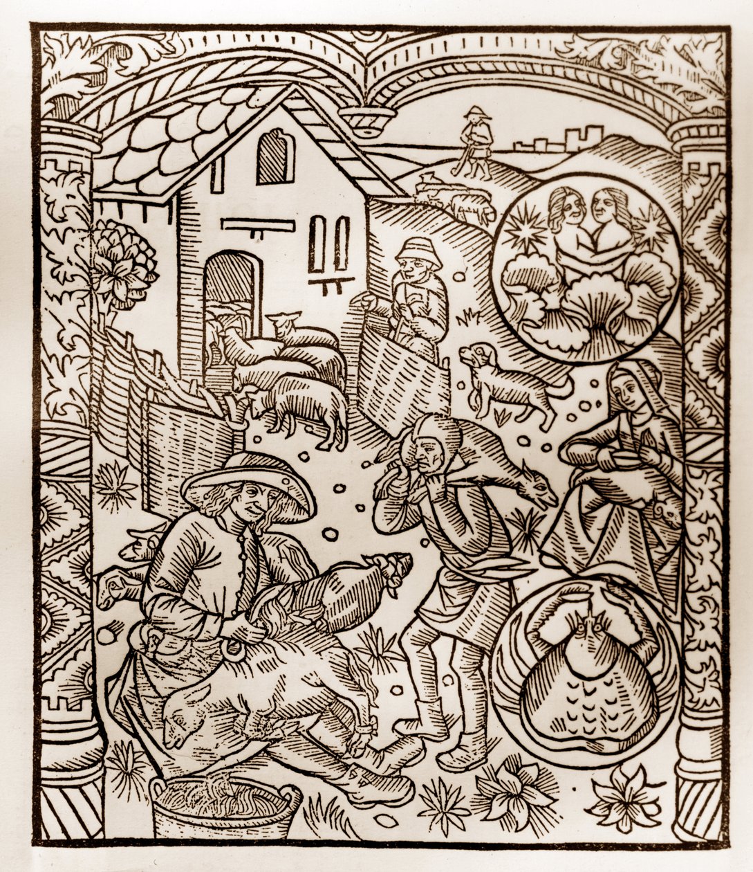 Hyrdekalender - Månedernes Arbejde - Juni - Træsnit fra bogen fra 1496 trykt af Guy Marchant (Guido Mercator) i Troyes - Træstik i "Le grand Calendrier et compost des shepherds"" - af Guy Marchant